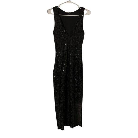 Discovery Clothing Company Size S Sequin Dress V Neck Black Bodycon Slit - Picture 1 of 6